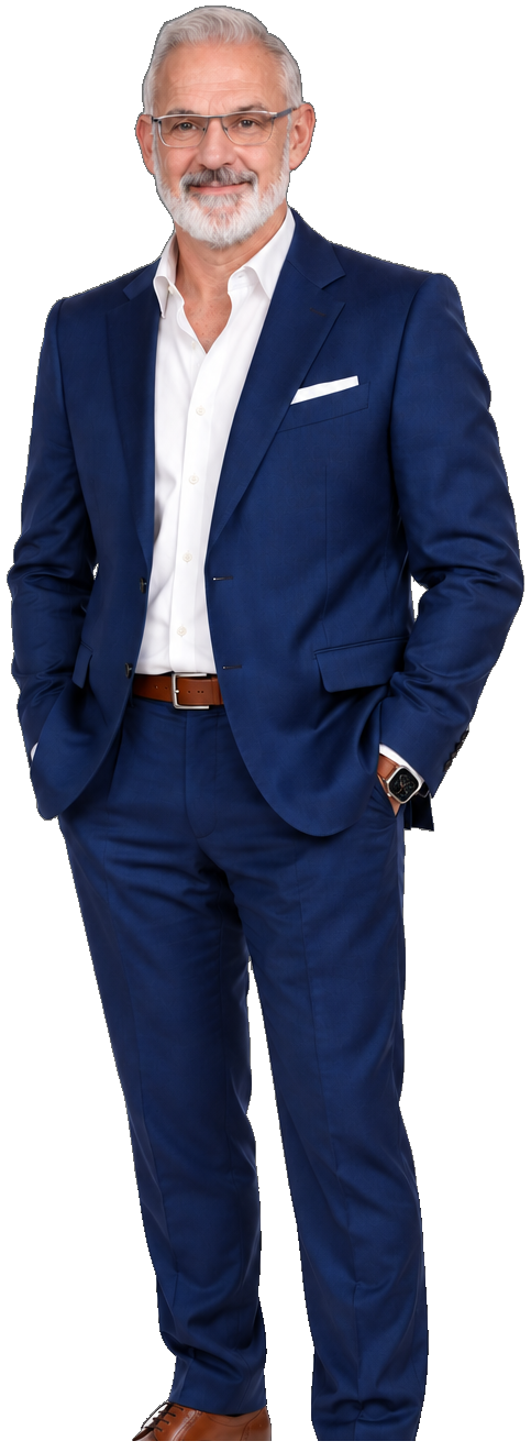 Adrian Heywood, standing in a royal blue suit