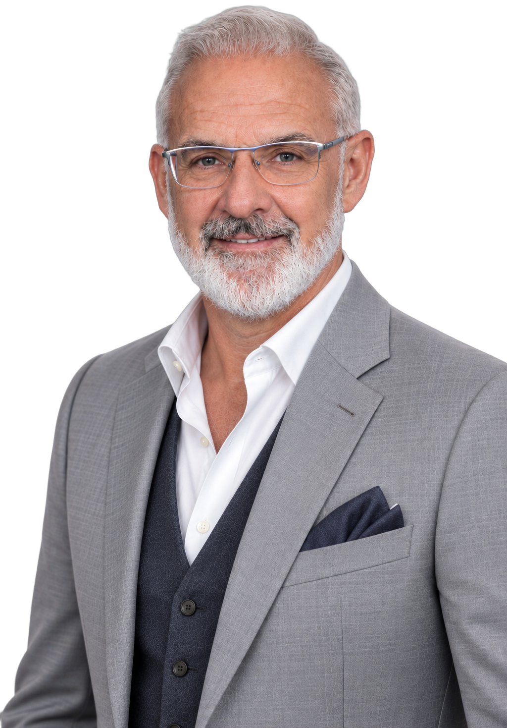 Adrian Heywood in a grey blazer and waistcoat